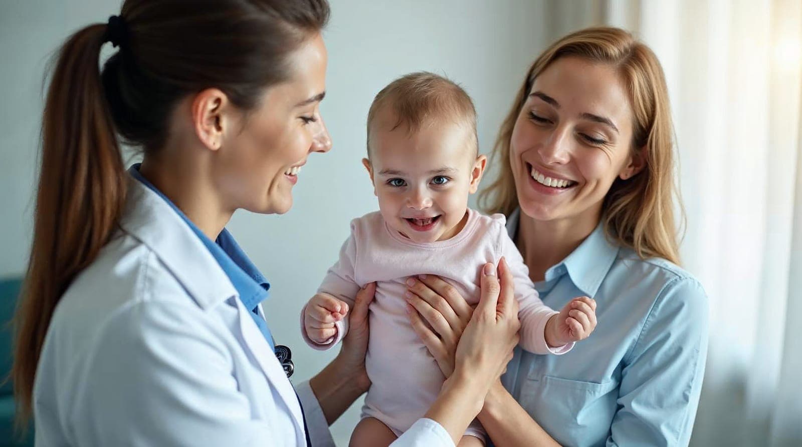 Médica atendendo mãe e filho em uma clínica